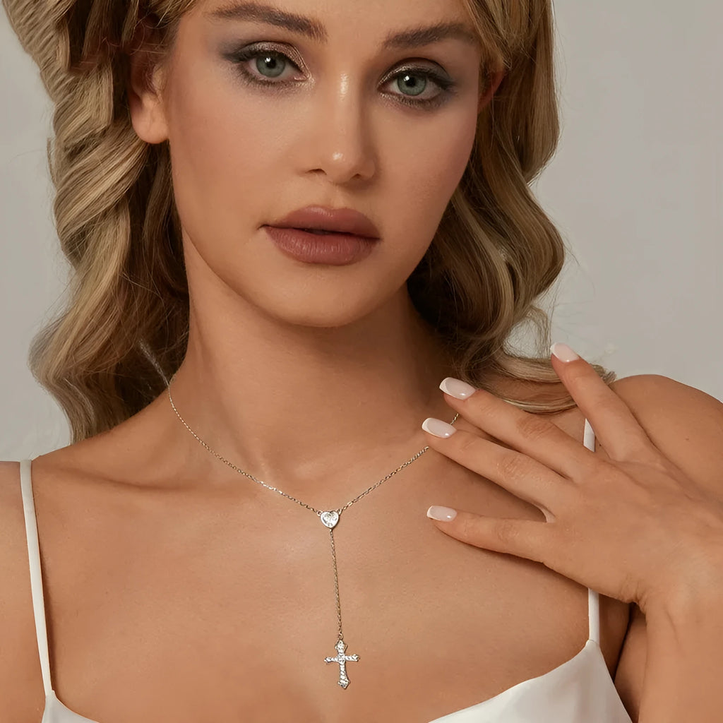 Silver cross necklace with V-neck pendant on O-ring chain, 925 silver jewellery for women