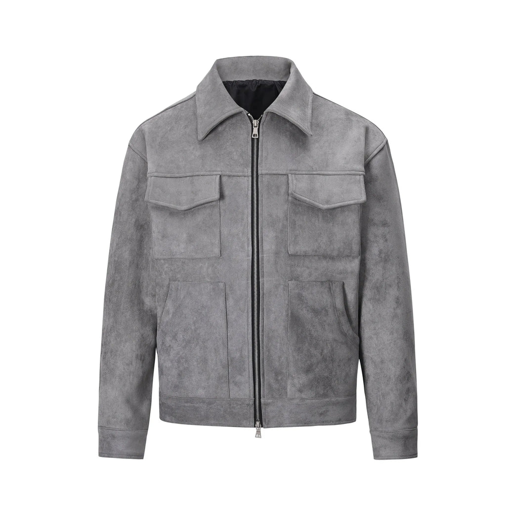 Thickened zipper big pocket jacket in slim fit, camel colour, with long sleeves and straight hem
