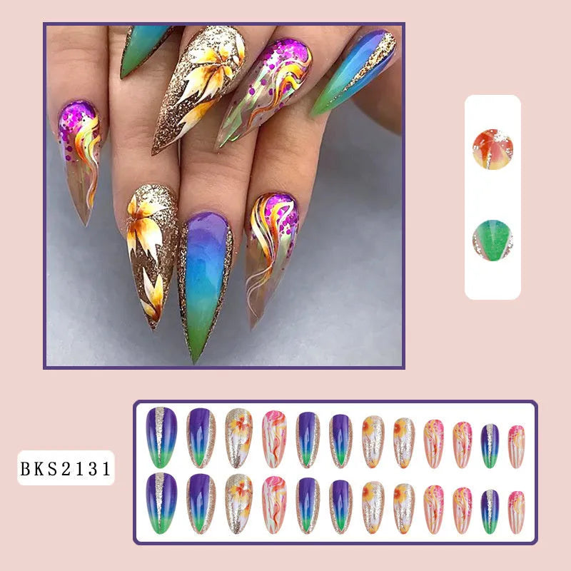 Almond-shaped rainbow plaid nail sticker in BKS1999 French colour ripple design on a white background