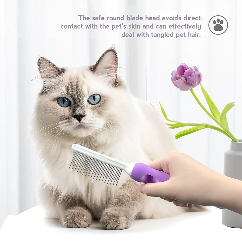 Purple pet detangling comb with stainless steel teeth and ergonomic handle for dog and cat grooming