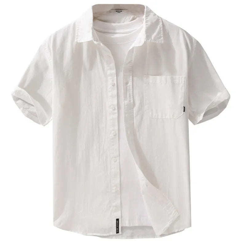 Mens white cotton short sleeve cardigan shirt with loose fit on model