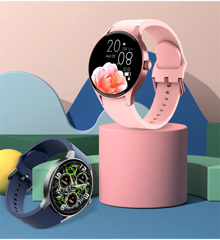 Black smart sport watch with round touch screen on a wrist, showing a fitness stat display.