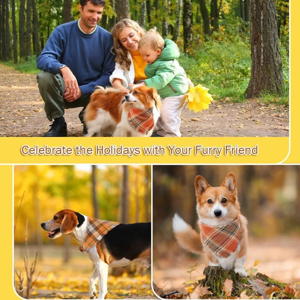 Vivifying fall dog bandana with plaid pattern, tassel edges, and double-layer cotton in autumn colours