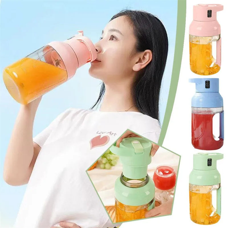 Portable electric juicer with 1500ml capacity, USB rechargeable, eight steel blades, and dual handles in pink colour