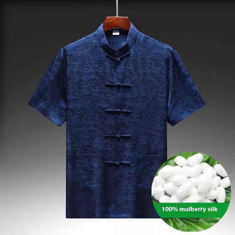 Traditional Chinese mulberry silk Tang suit for men in light green colour with classic tailoring