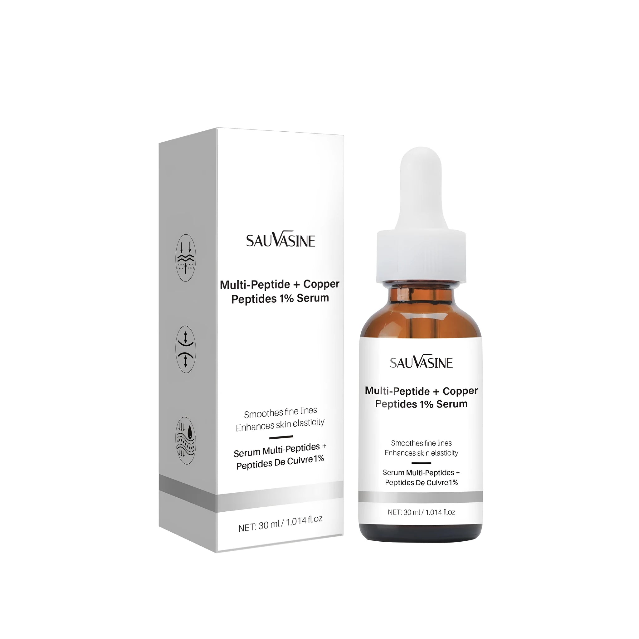 30ml bottle of moisturising facial oil for wrinkle reduction, showing square 34.5mm dimensions.