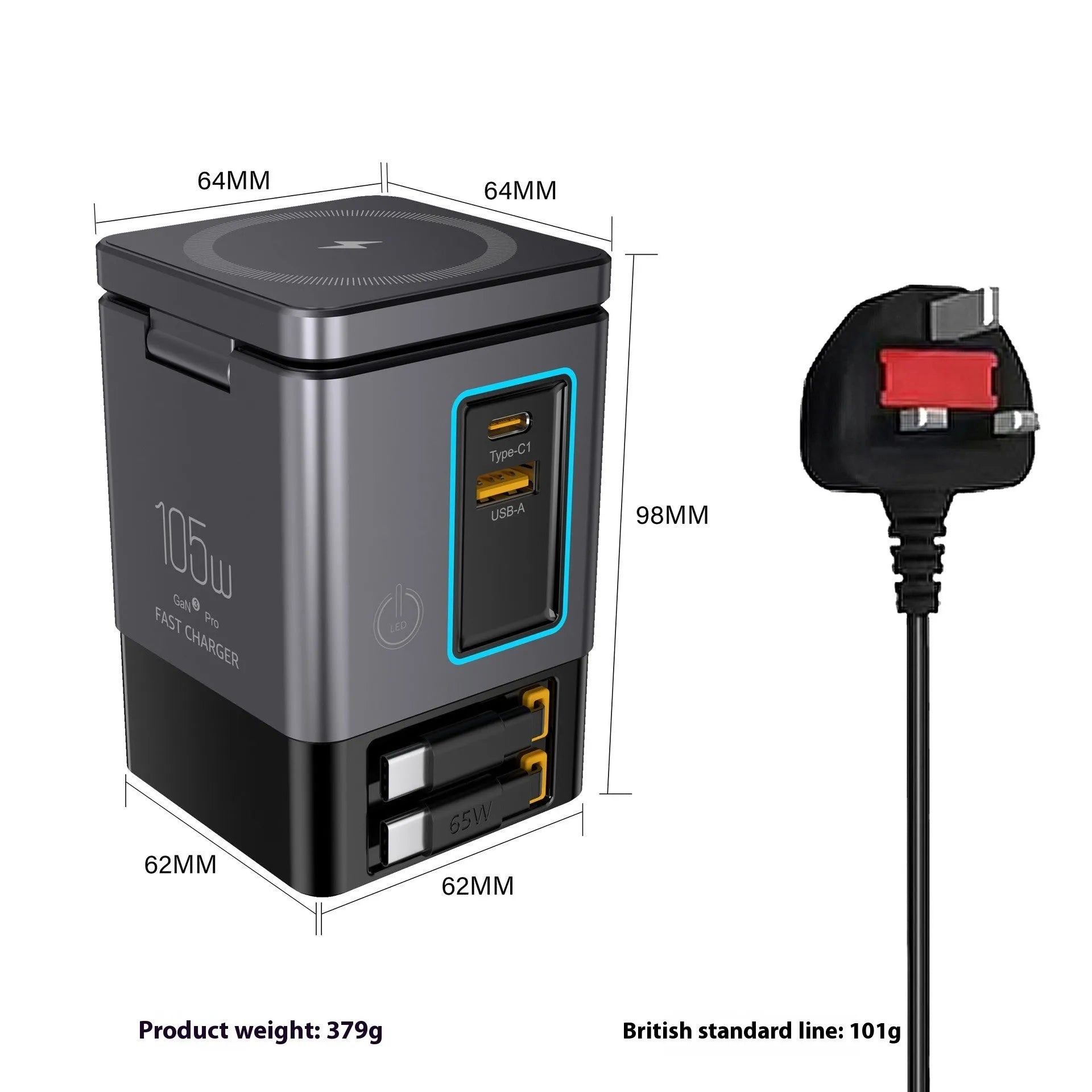 105W GaN magnetic wireless charger in black with interchangeable UK EU US AU power plugs