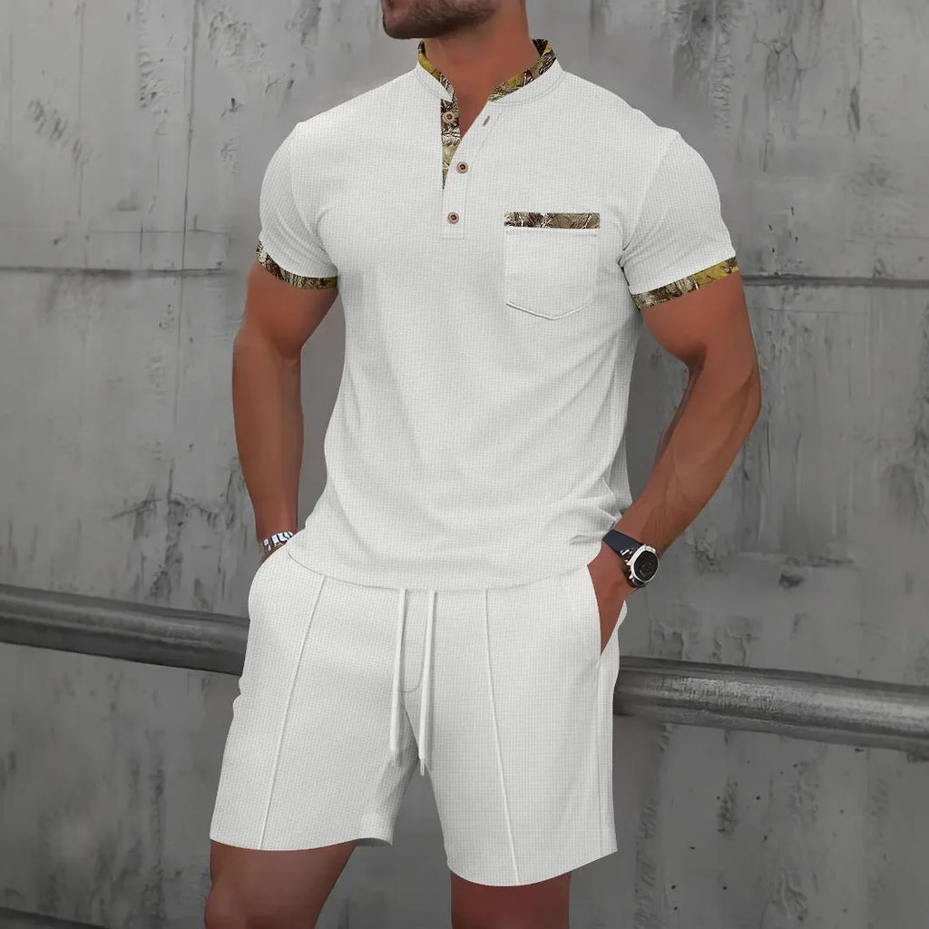 Men's grey cotton blend waffle zip polo short sleeve suit with matching shorts