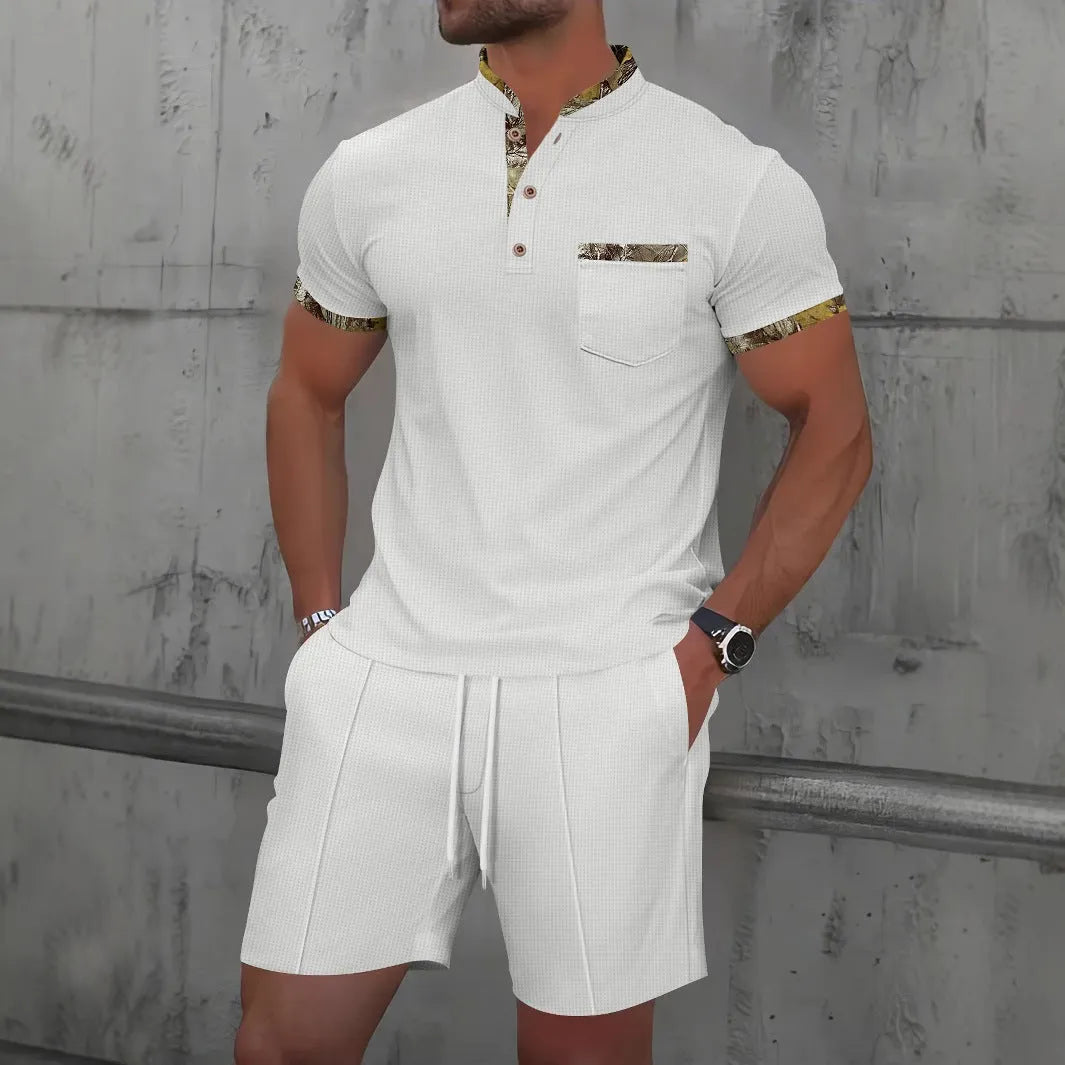 Men's grey cotton blend waffle zip polo short sleeve suit with matching shorts