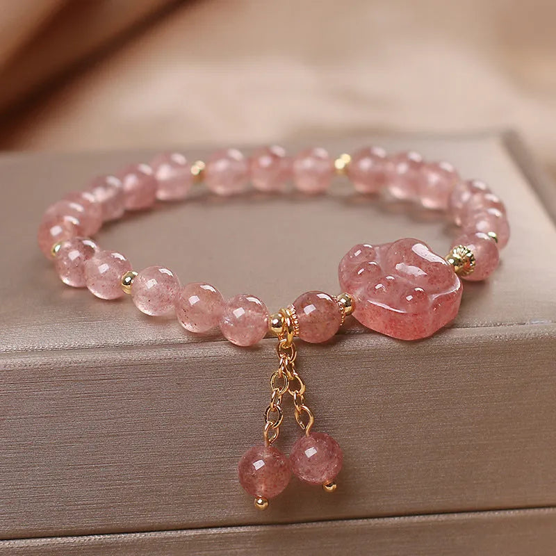 Women's double layer strawberry quartz bracelet with Lucky Cat charm in Red Cat's Eye Flowers colour