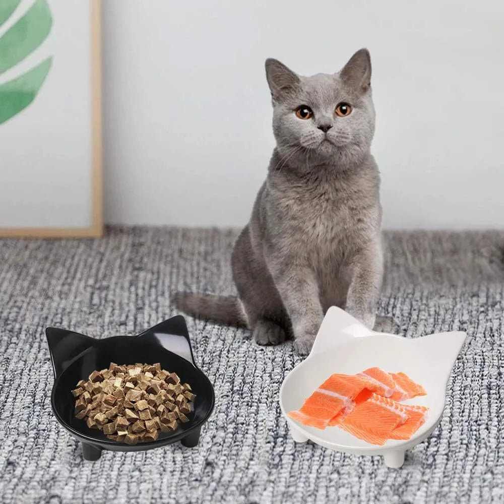 White shallow melamine cat bowl with non-slip rubber base on a wooden floor.