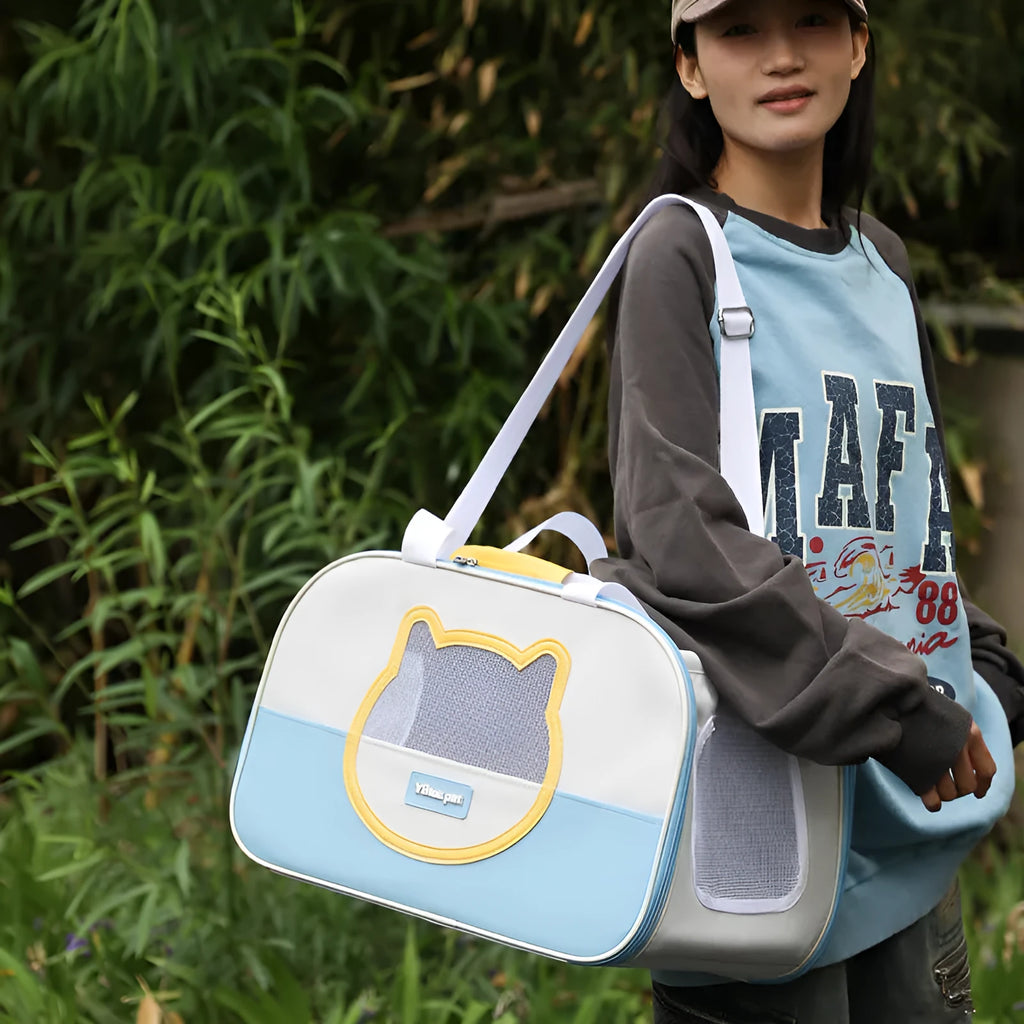 Foldable cat backpack in Oxford cloth with 15 jin capacity, shown in blue colour option