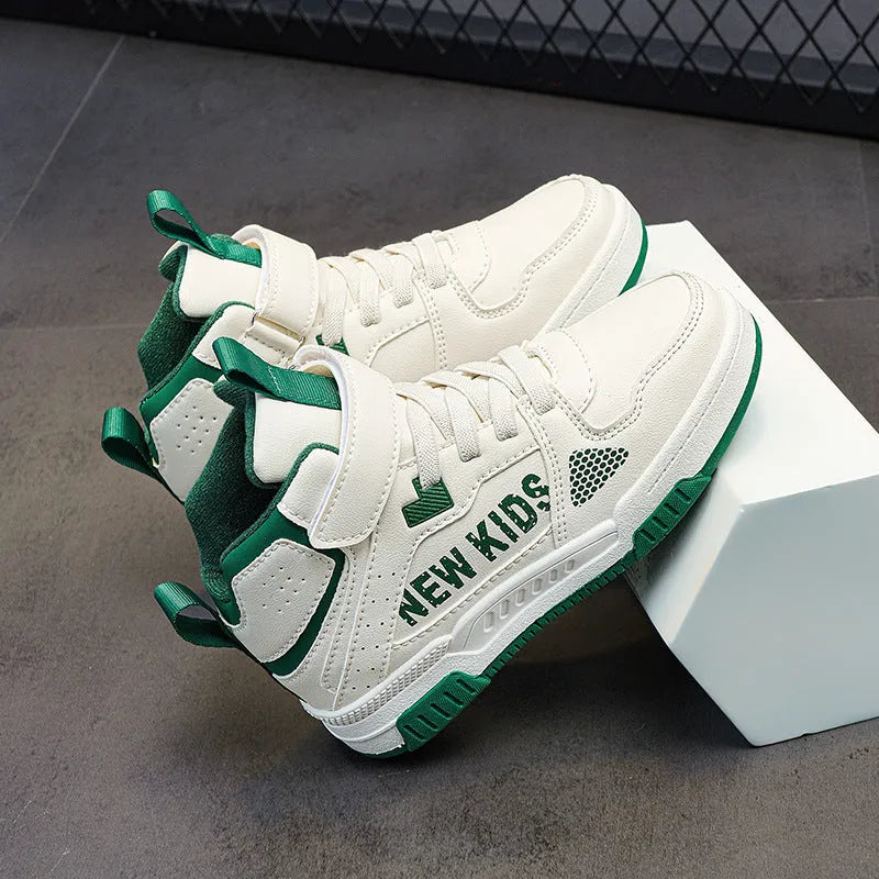 Children's street sneakers with PU upper, rubber sole, and buckle fastening in beige green, blue, or white options.
