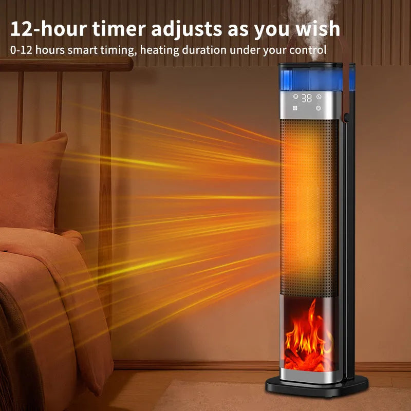 Vertical column heater with humidifier and voice control remote, dimensions 16cm by 16cm by 52.6cm.