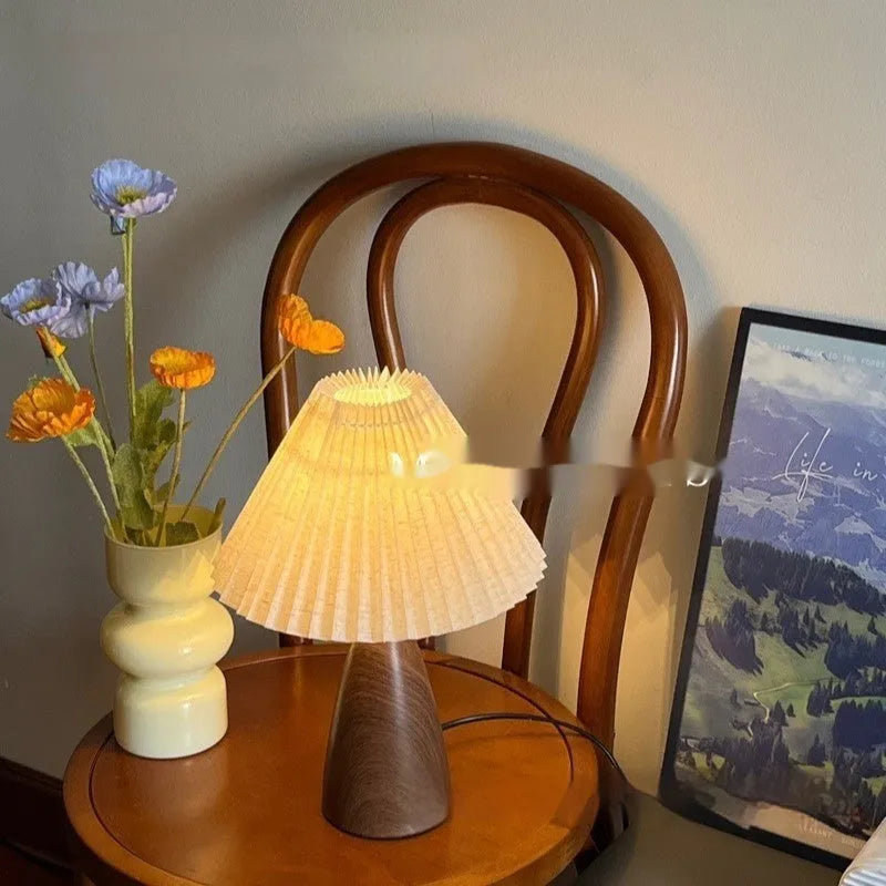 Nordic retro ceramic table lamp with pleated shade and remote control, bedside warm light, tapered floral style