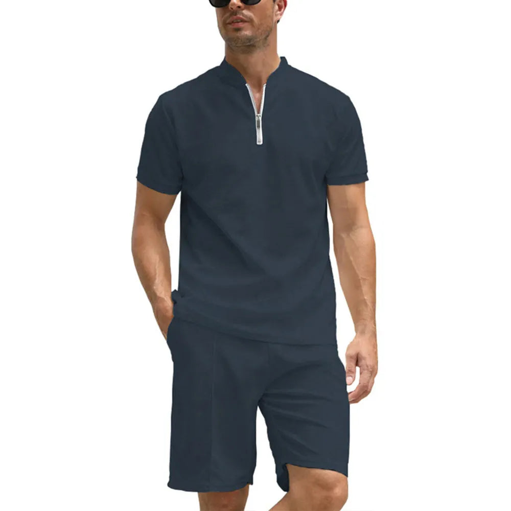 Men's solid colour polo shirt suit set with short sleeves and matching trousers in beaded bird's eye fabric