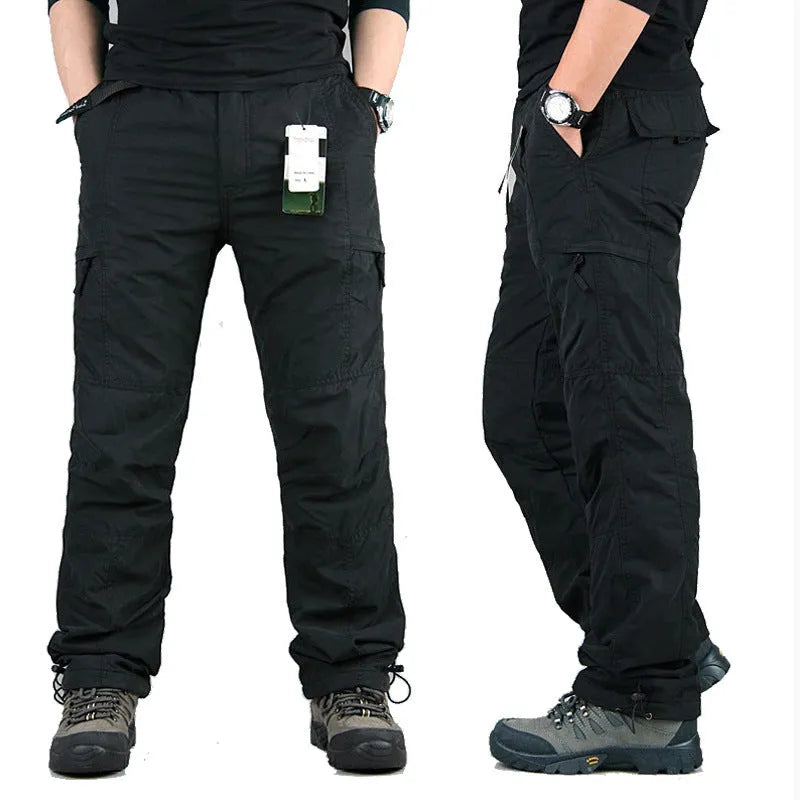 Men's thick khaki-coloured cotton overalls with a wool lining, shown with a loose straight-leg fit.