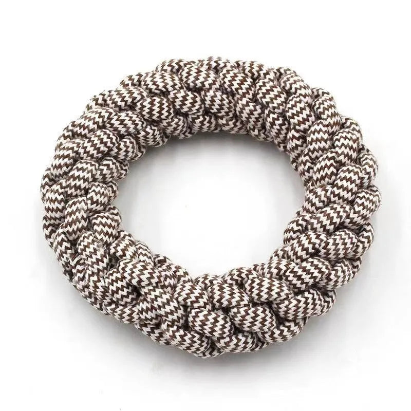 Cotton string molar braided ring knot toy for pets, 18cm diameter, random colour, on a white background