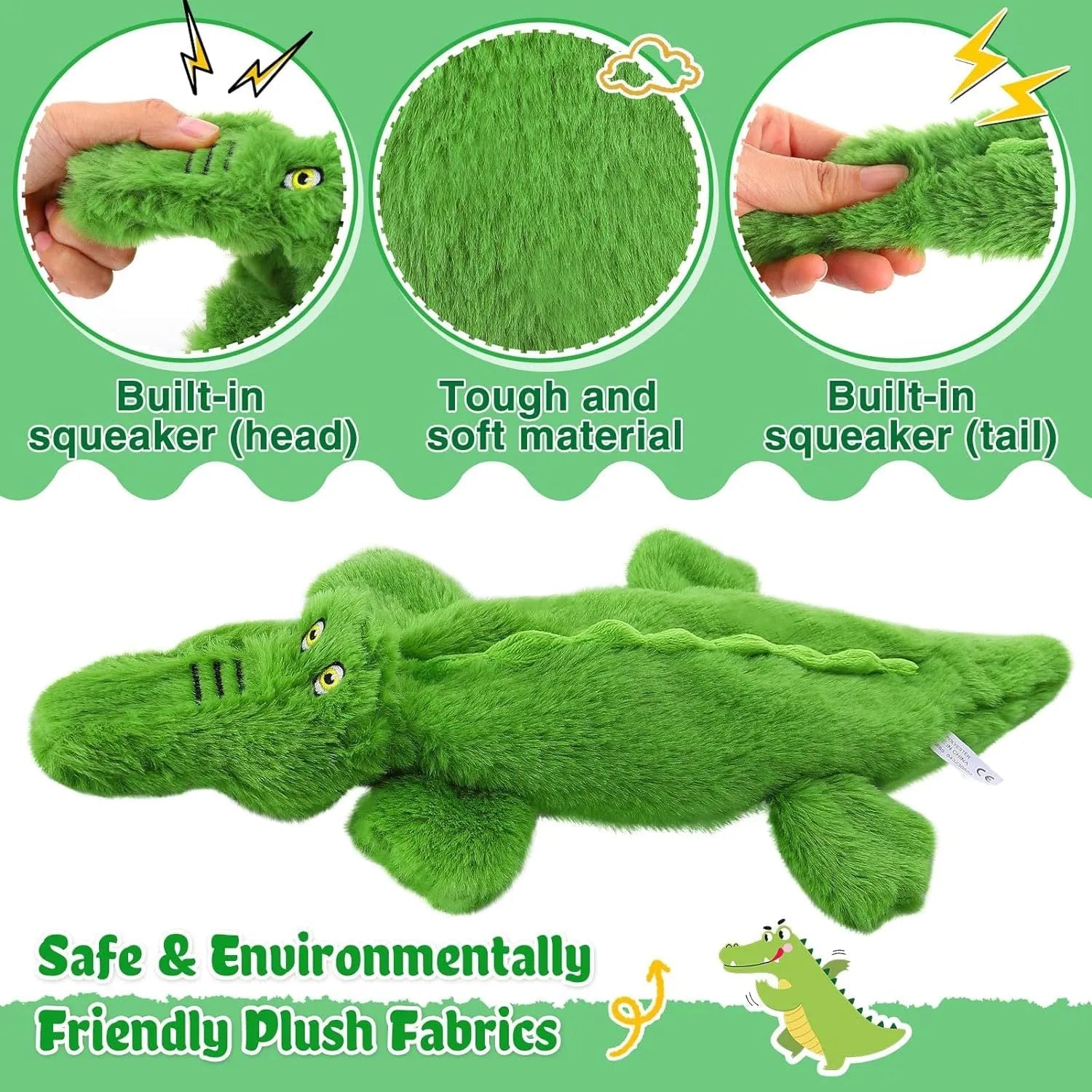 Green crocodile squeaky dog toy with crinkle tail for aggressive chewers