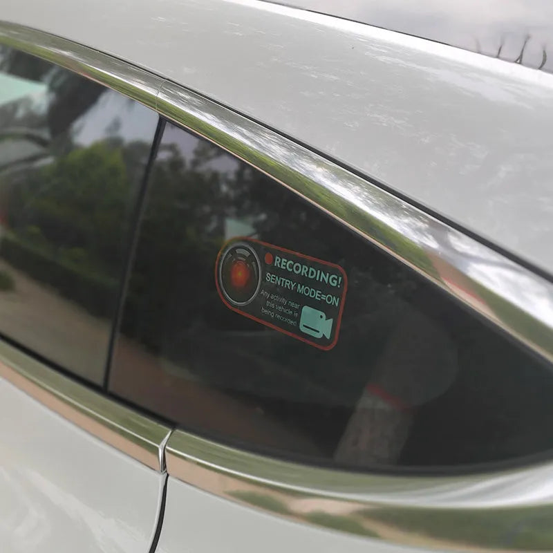 Pair of Tesla sentry mode warning stickers, PVC electrostatic, 11x5cm, English version