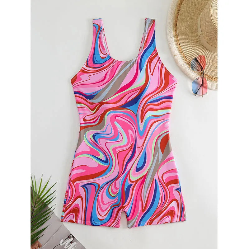 Women's printed high-waisted backless one-piece swimsuit for swimming sports