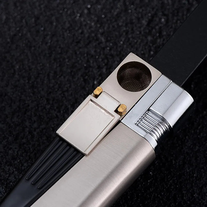 Foldable 2-in-1 metal pipe lighter and refillable butane smoking gadget with silver square cover on a dark background