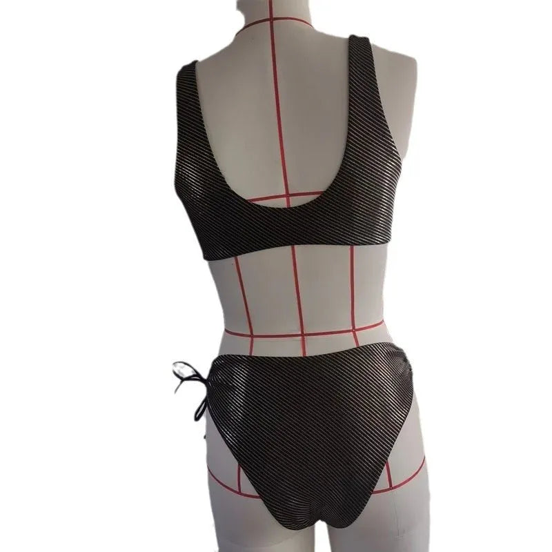 3D stereo triangle swimsuit for women in black polyester, sleeveless sport style, front view