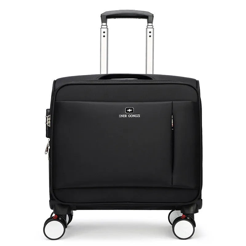 Black 18-inch Oxford cloth business travel suitcase with retractable handle and universal wheels.