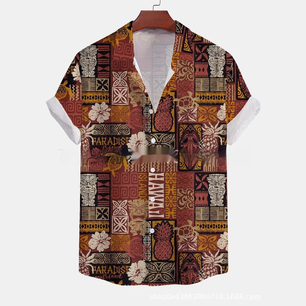 Casual Short-sleeved Shirt Printed Men Loose Fit Button-Down Cardigan Summer Top Polyester Fleur Pattern Adults Youth XXS-XXXXL