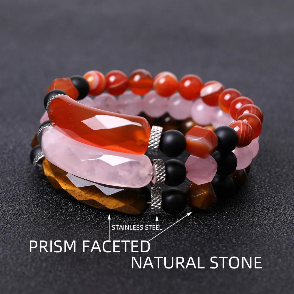 Handmade diamond-shaped agate bracelet with geometric design and fan elements