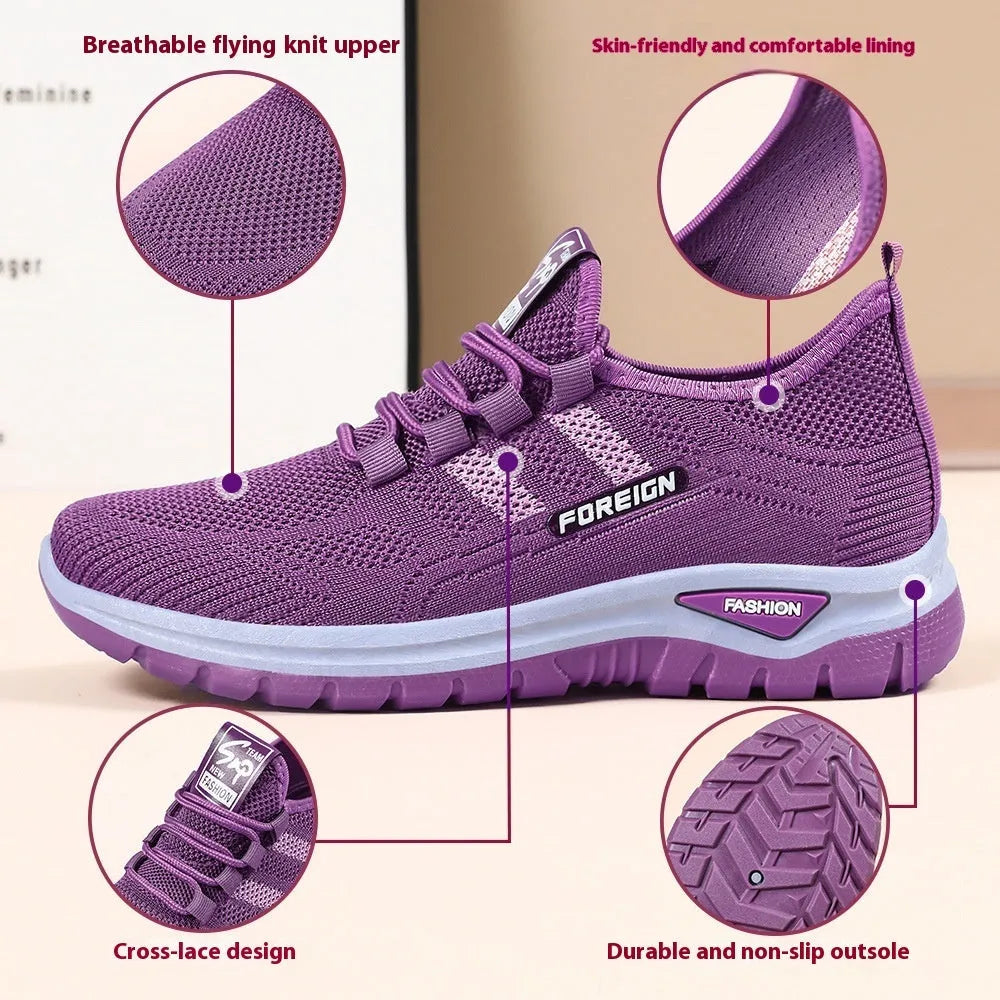 Breathable mesh casual shoes with PVC sole, low top, flat heel, round toe, shallow mouth, available in UK sizes 36-41 in black, gray, purple, and red