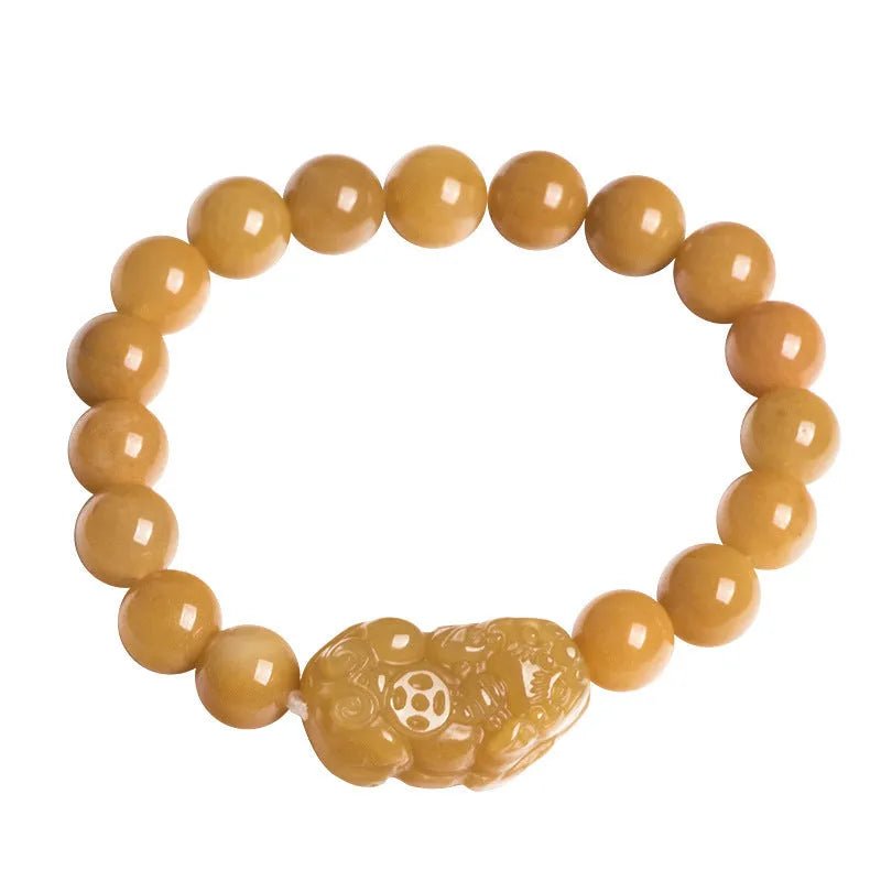 Carved Jinsi Jade money bracelet in golden thread jade colour showing large and small size options.