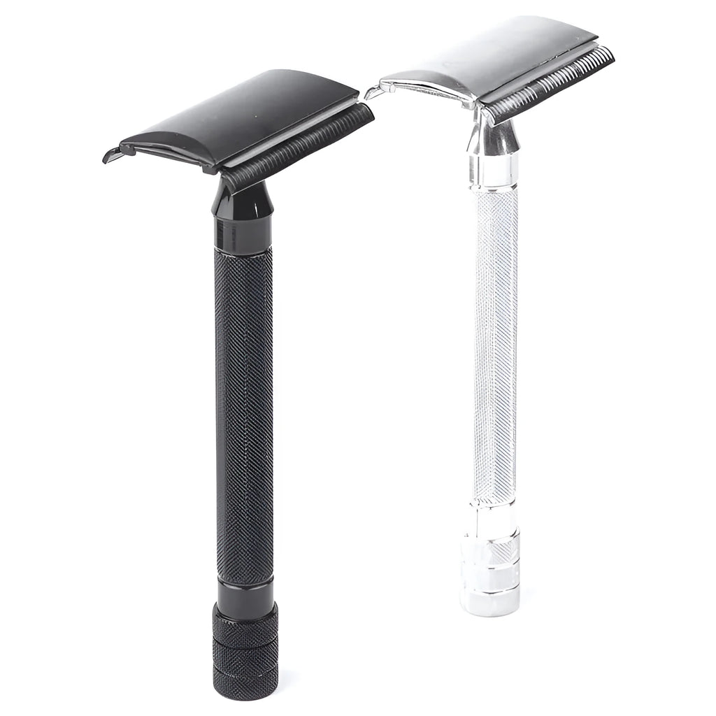 Manual shaving razor with brush combination in black or silver metal finish