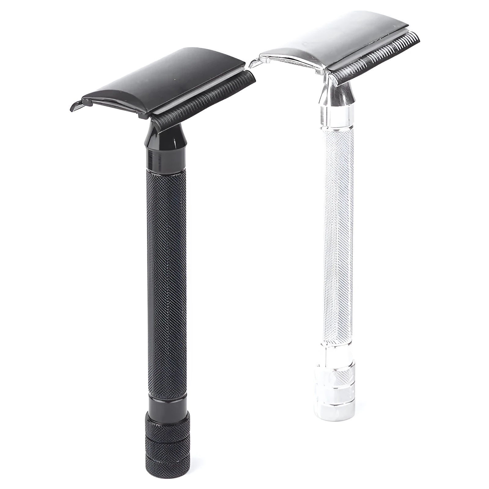 Manual shaving razor with brush combination in black or silver metal finish