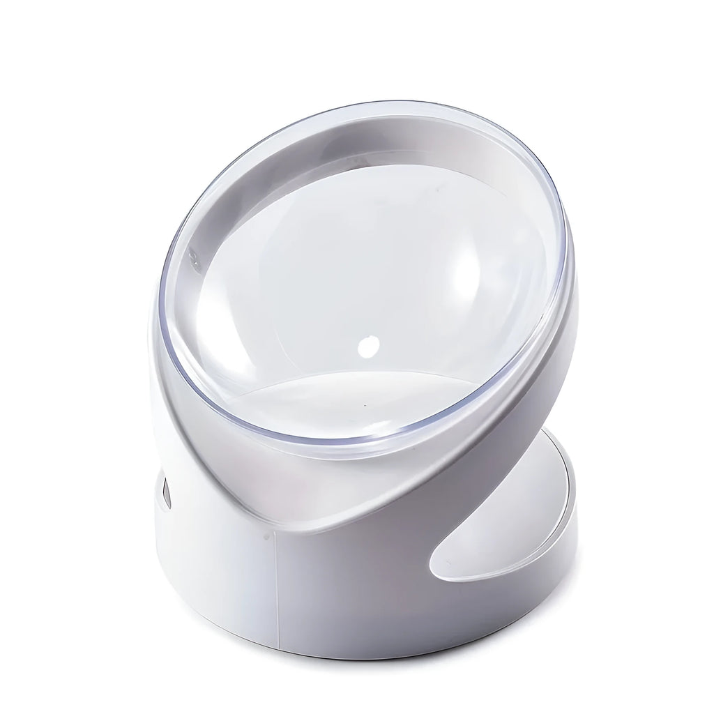 White clear plastic tilted cat food bowl for ergonomic feeding
