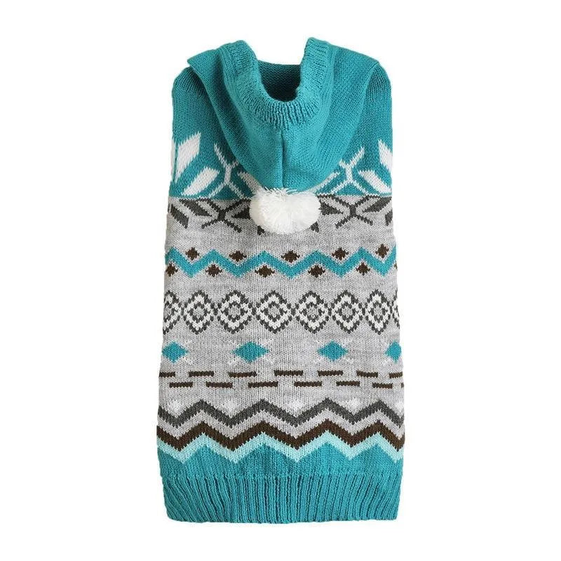 Blue diamond pattern dog sweater on pet model showing knit texture and fit