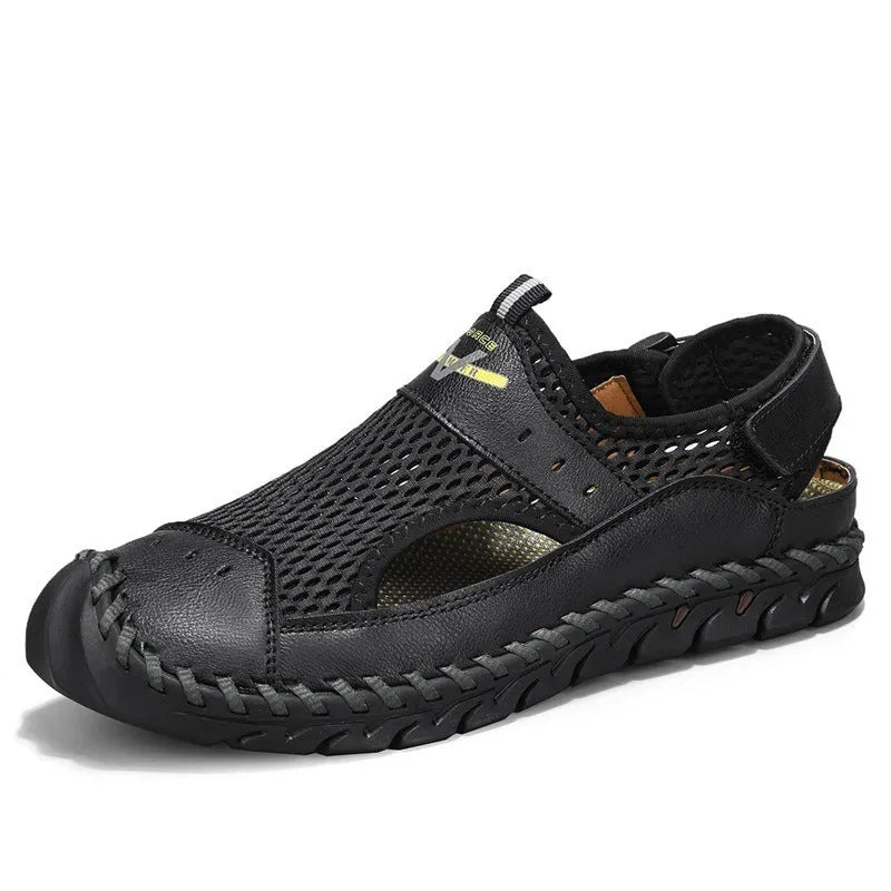 Men's mesh breathable hollow shoes in black genuine leather with rubber sole, low-top design