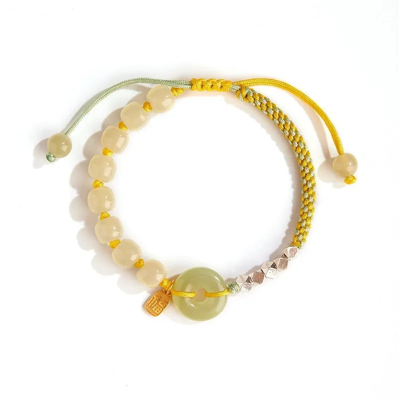 Woven natural Hetian jade safety buckle bracelet for women with chamfered square grain shape in multiple colours