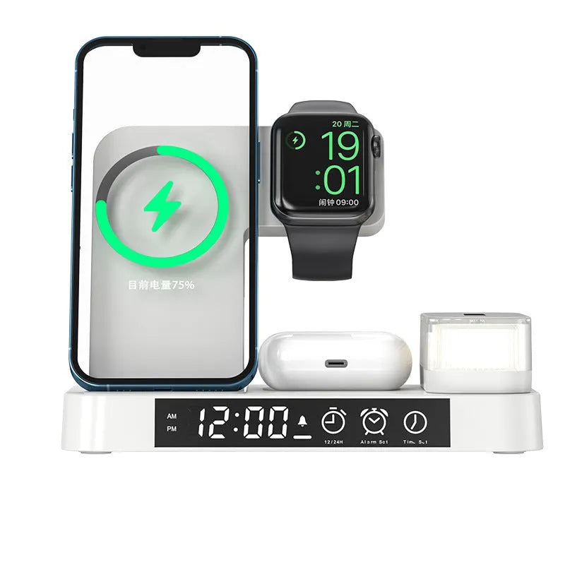 4-in-1 wireless charger station with foldable stand, alarm clock display, and RGB night light in white