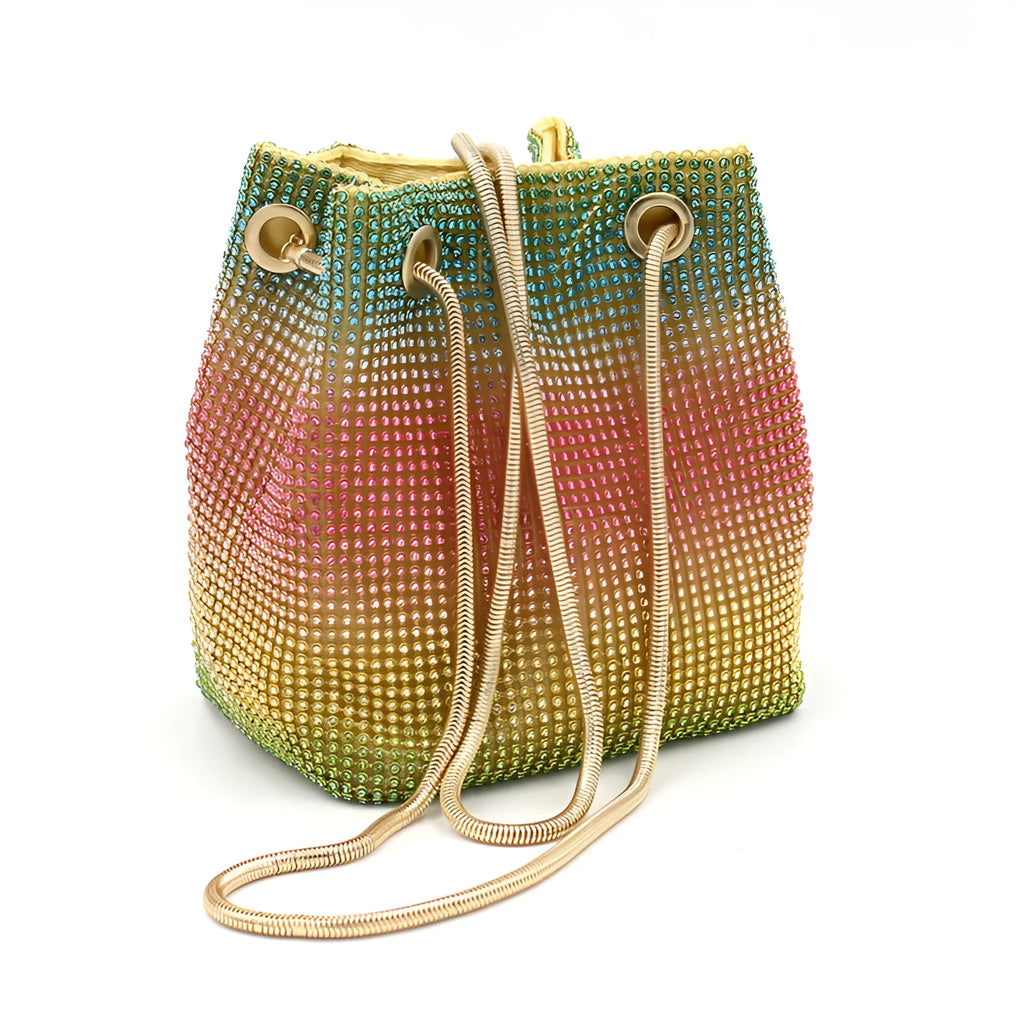 Rhinestone bucket bag with rainbow multicolour diamond pattern and soft material