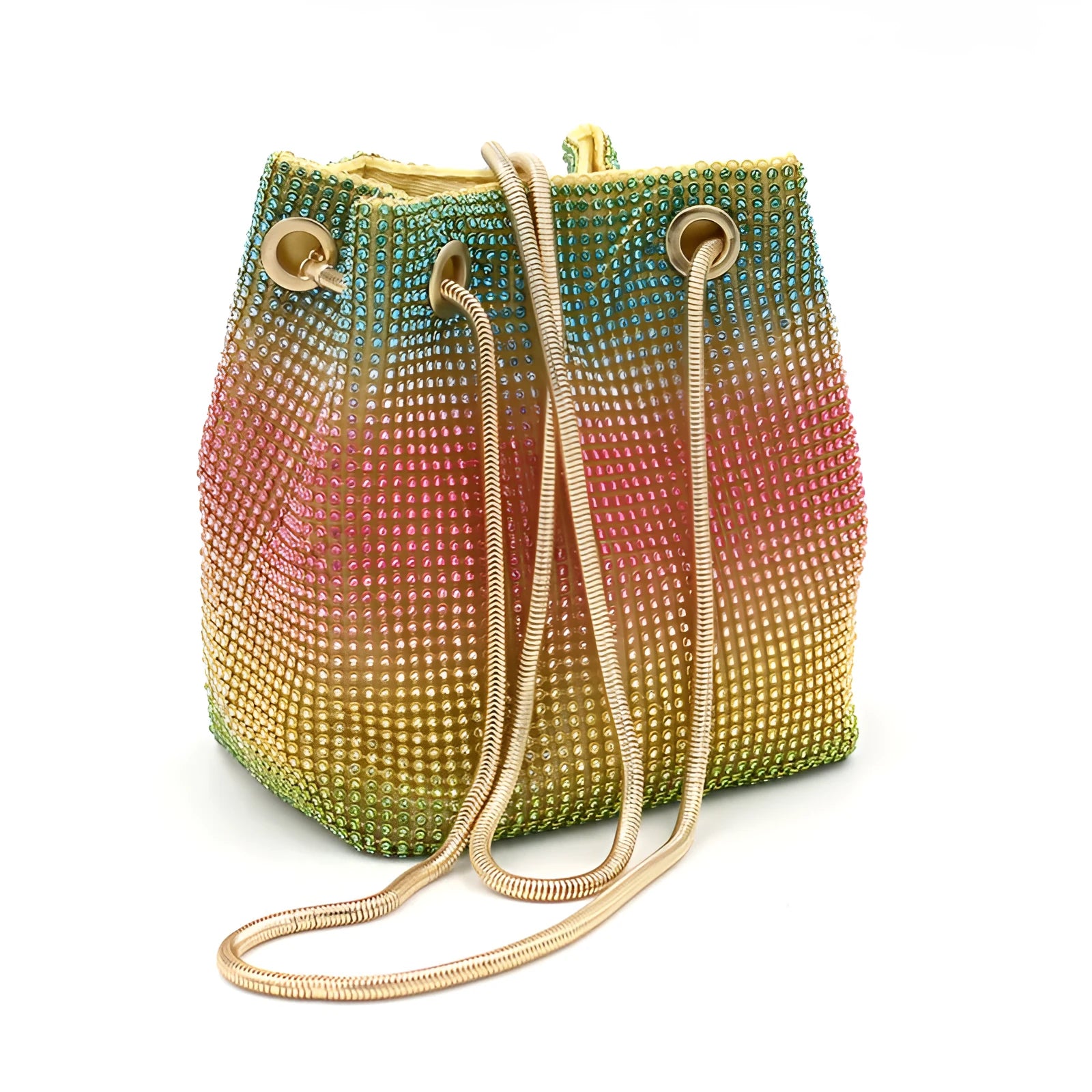 Rhinestone bucket bag with rainbow multicolour diamond pattern and soft material