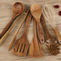 Seven wooden cooking utensils including spoon and spatula for non-stick pans with anti-scald handles