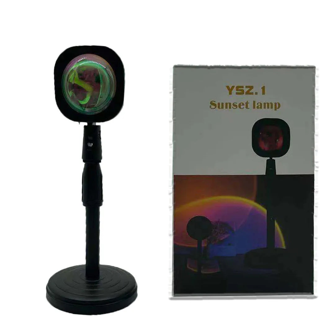 Rechargeable sunset red projection lamp casting rainbow light with push-button switch and USB cable
