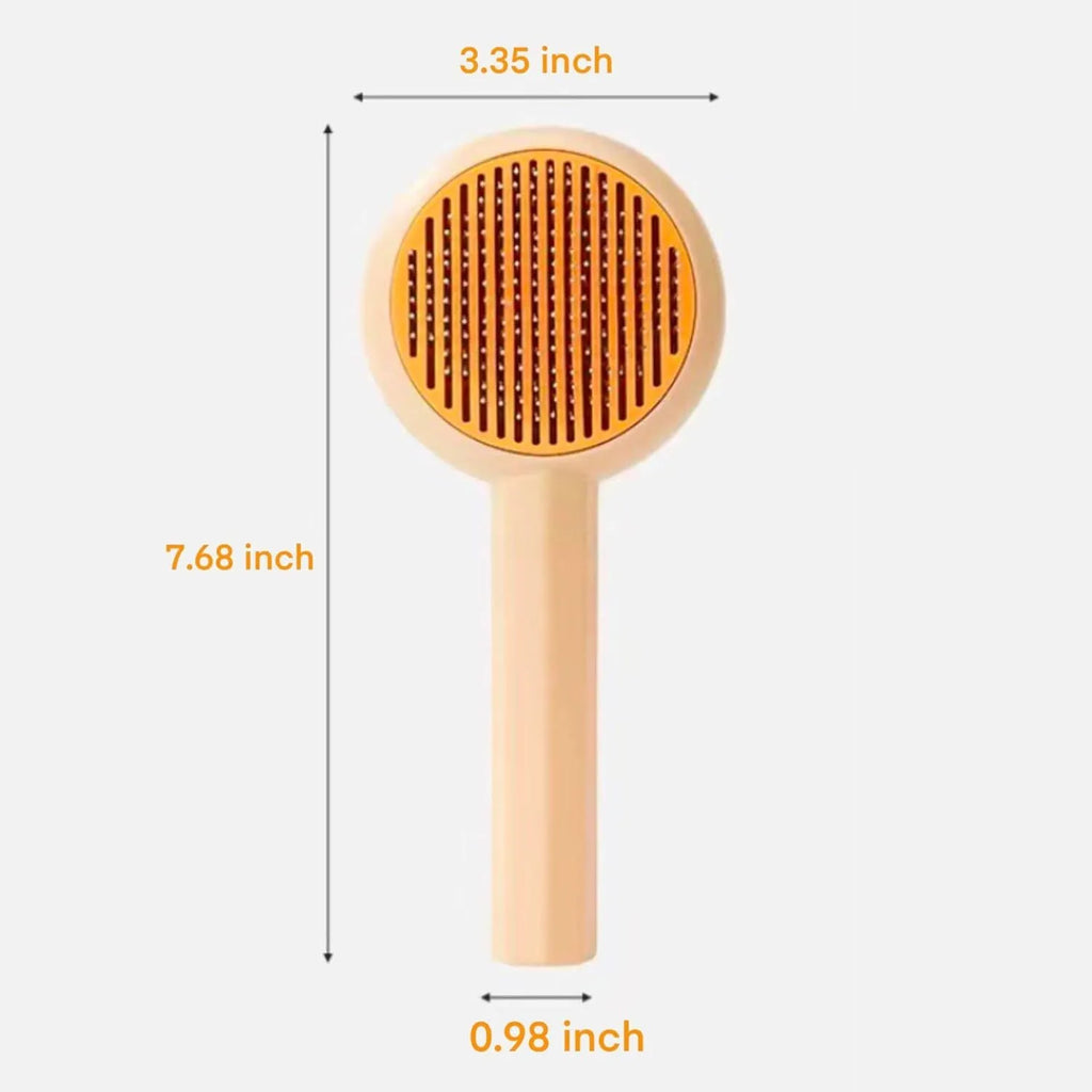 Blue and yellow pet grooming brush with self-cleaning button and angled needles