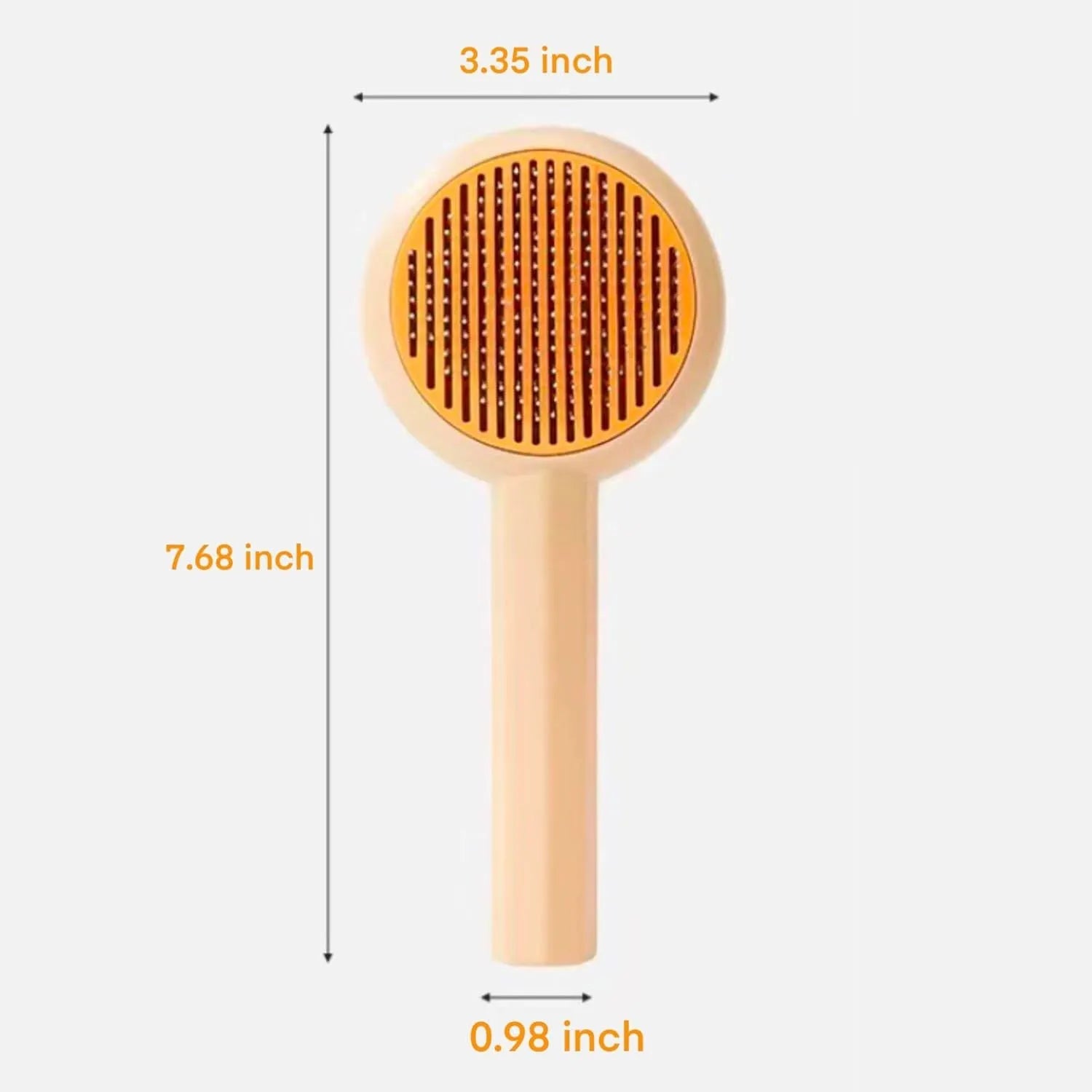 Blue and yellow pet grooming brush with self-cleaning button and angled needles