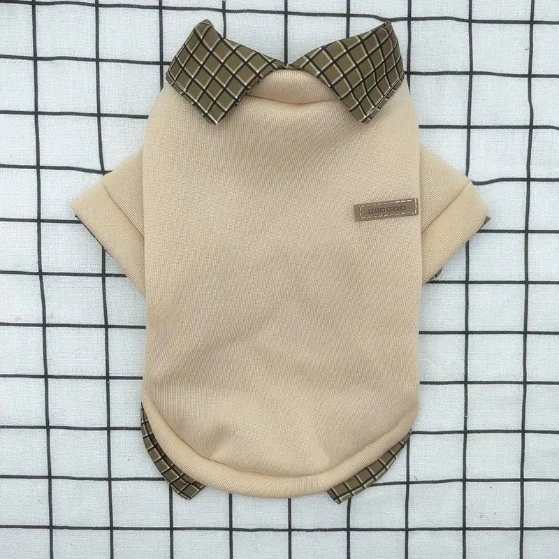 Fake two-piece collar thin velvet sweater for dogs in beige polyester with detachable hoodie