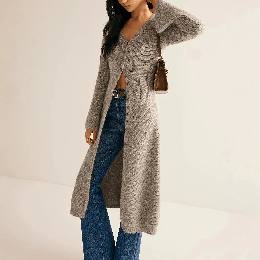French style retro long sleeve cardigan coat in khaki with button front detail