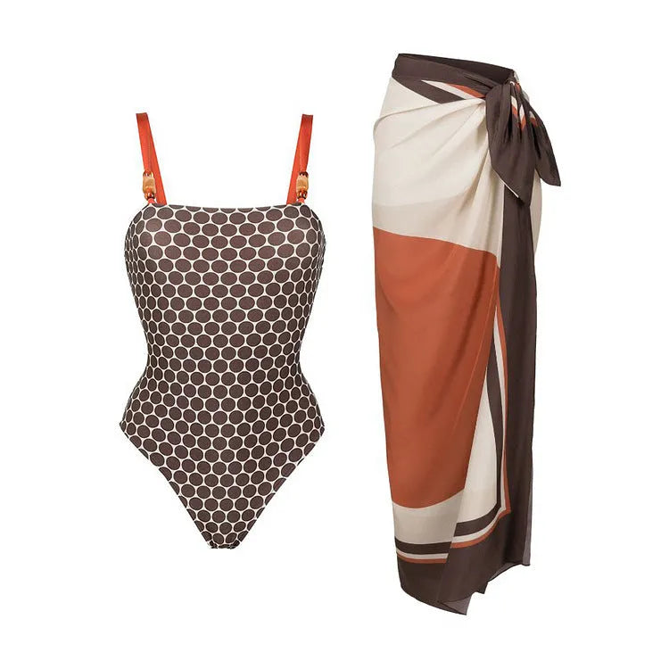 Women's double-sided one-piece swimsuit with dotted pattern and wrap skirt in high-stretch polyester