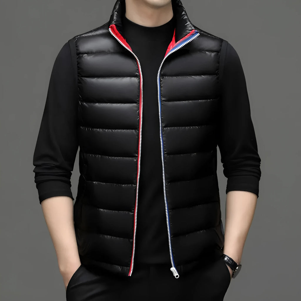 Men's thick white goose down vest in solid colour, oblique pocket design, available in black and navy blue, sizes M to 4XL