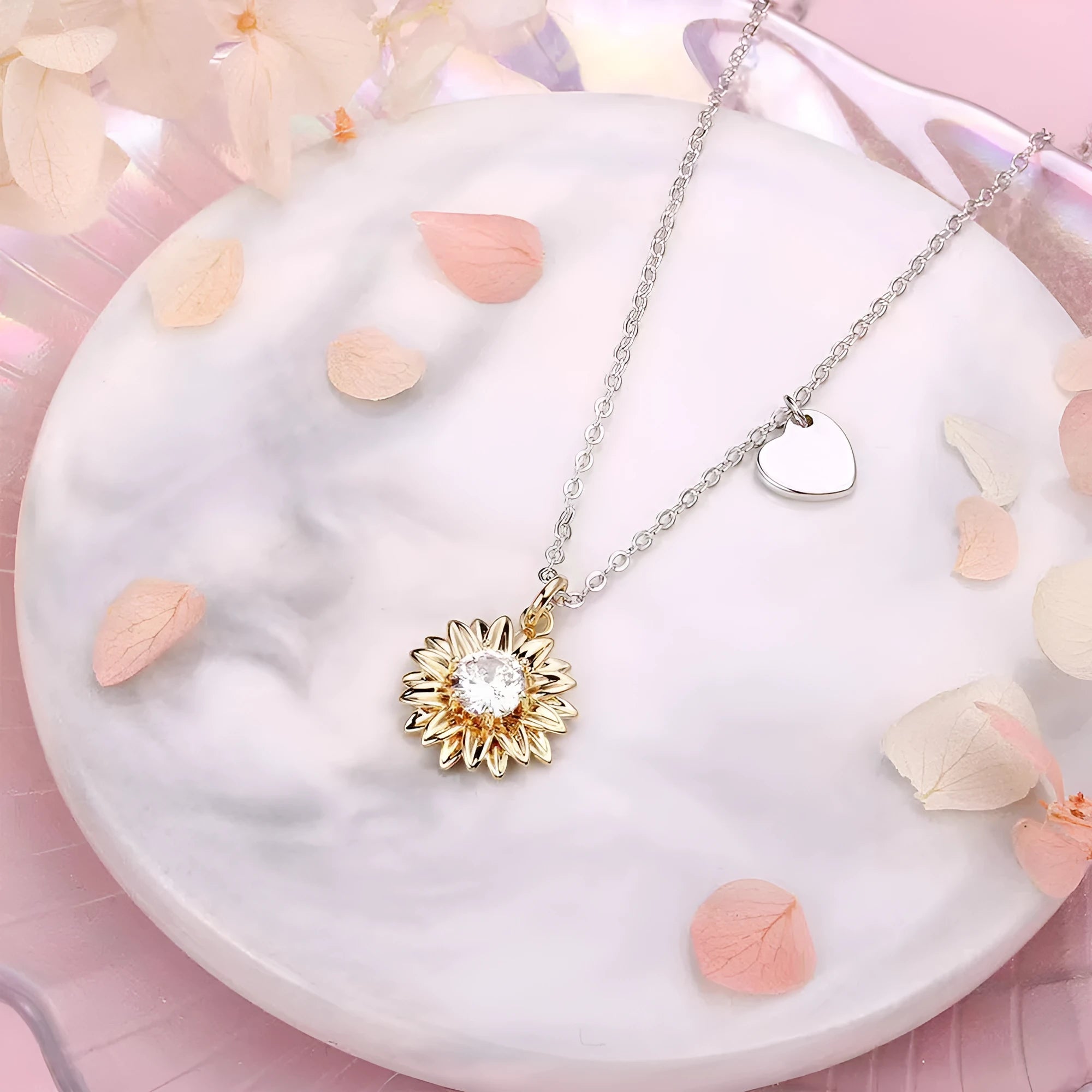 Silver sunflower necklace with geometric daisy pendant on adjustable 21-50cm chain
